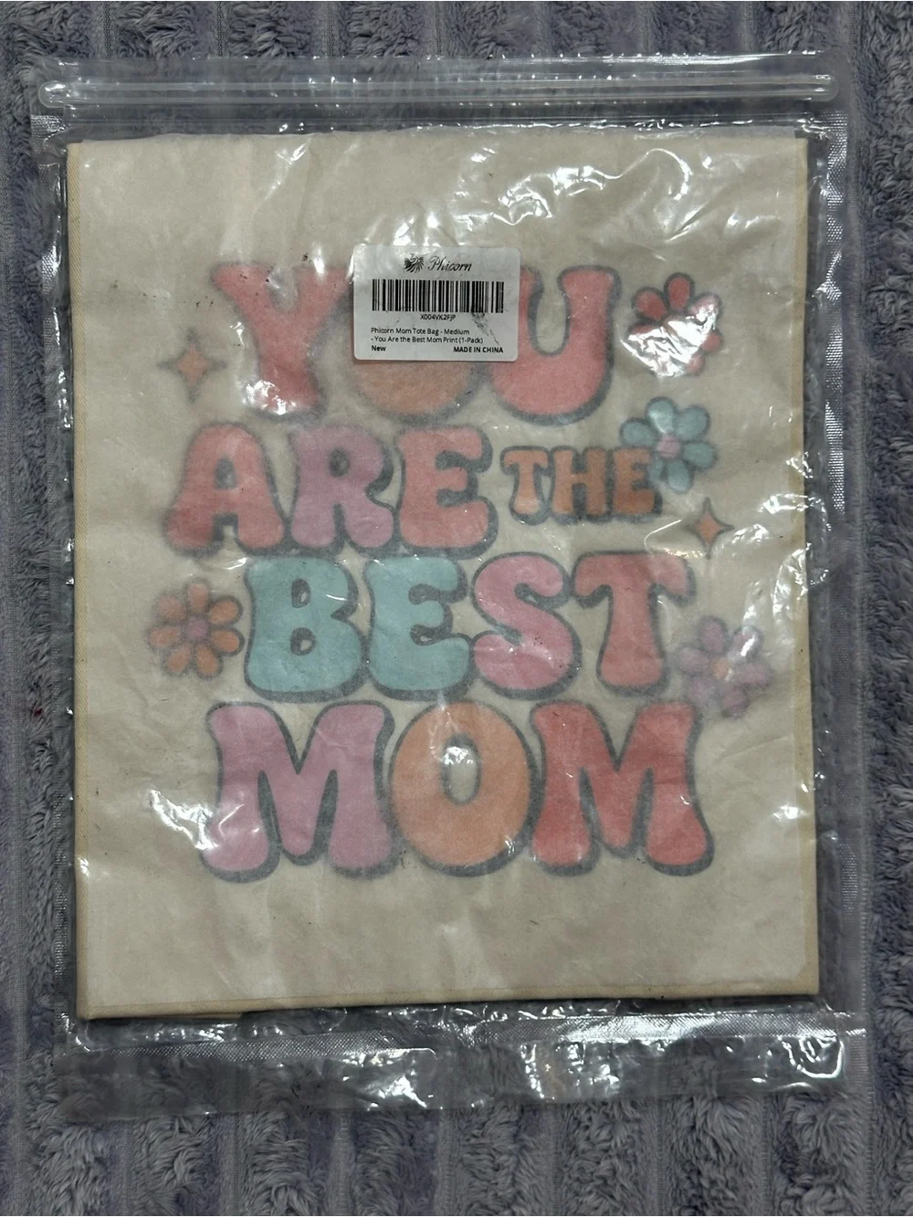 Cream Canvas Mom Tote with Retro Rainbow Text